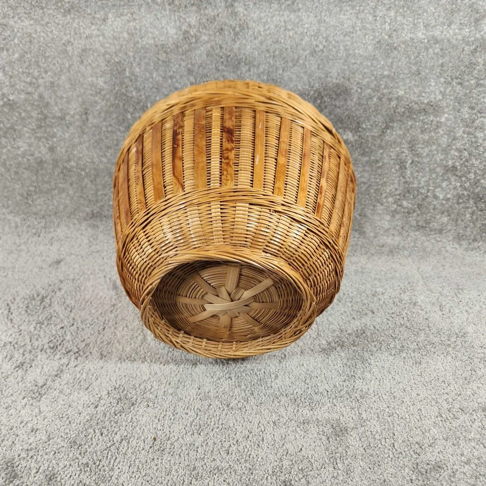 Woven Bamboo Basket Natural Tan Lidded Round Boho Storage Decor